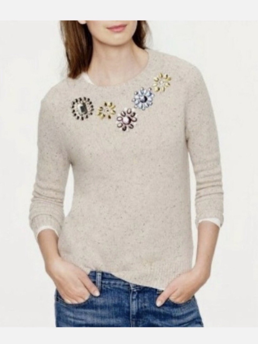 J.Crew Jeweled Lambswool Blend Crewneck Sweater Women’s Large Long Sleeve Beige